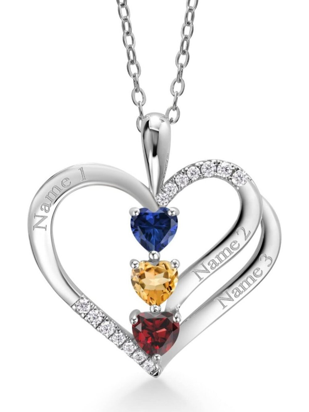 Customized Heart Pendant Necklace with 3 Gemstones - Engraved Jewelry for Women